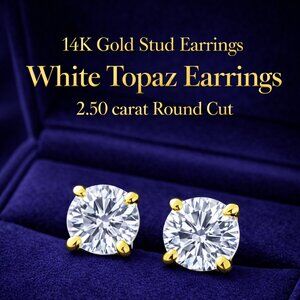 14K Gold Stud Earrings, 2.50 carat Round Cut White Topaz Earrings